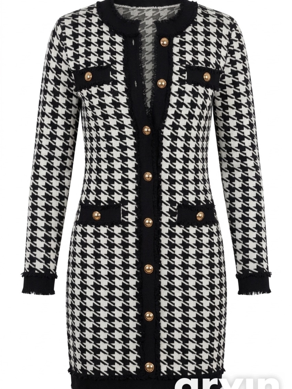 Black & White Houndstooth Backless Tweed Dress with Gold Buttons